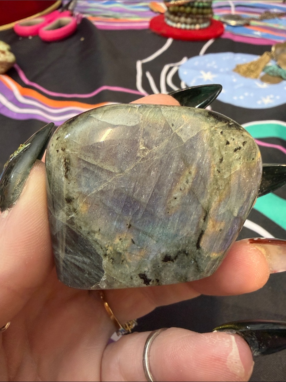 Polished Labradorite Palm Stone — Iridescent Blue-Green